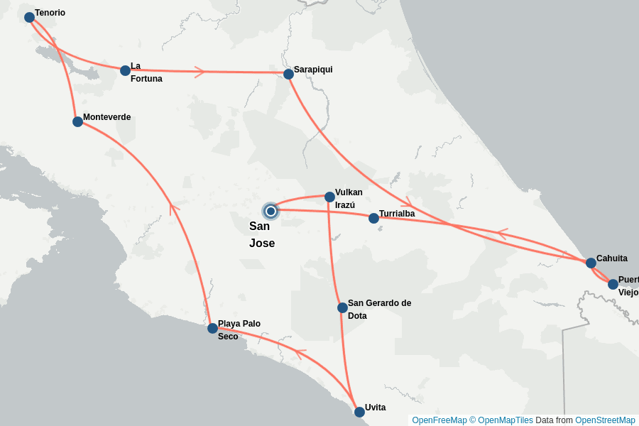 Itinerary Map image for Selbstfahrerreise: Höhepunkte Costa Ricas