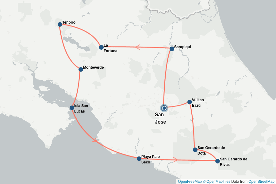 Itinerary Map image for Costa Rica: Pazifik & Nebelwald